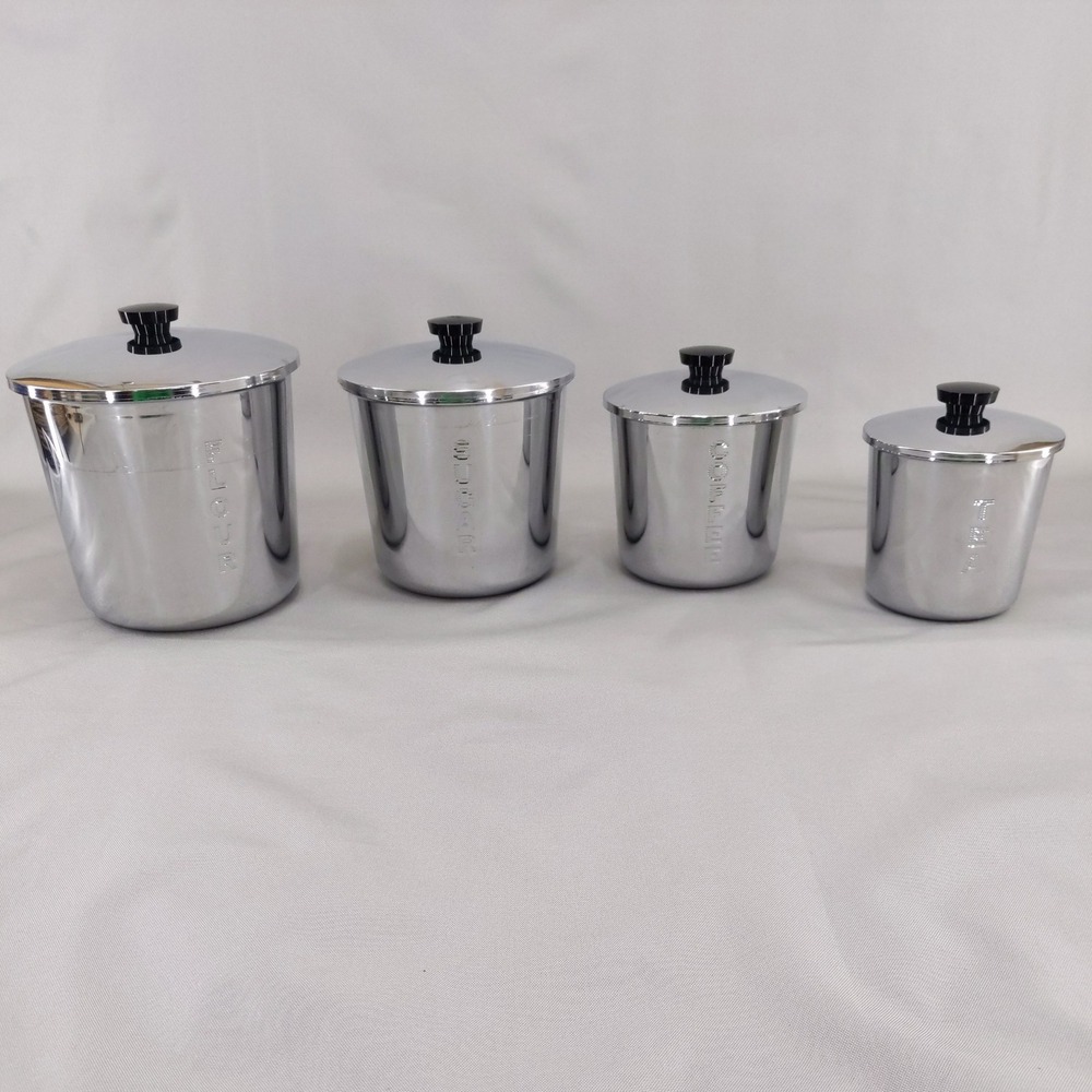 vtg Everedy Canister Set Silver Chrome 4 Piece Nesting Flour Sugar Coffee Tea